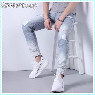QUẦN JEAN NAM XANH BẠC RÁCH GẤU VIỀN CHỈ KIỂU MỚI