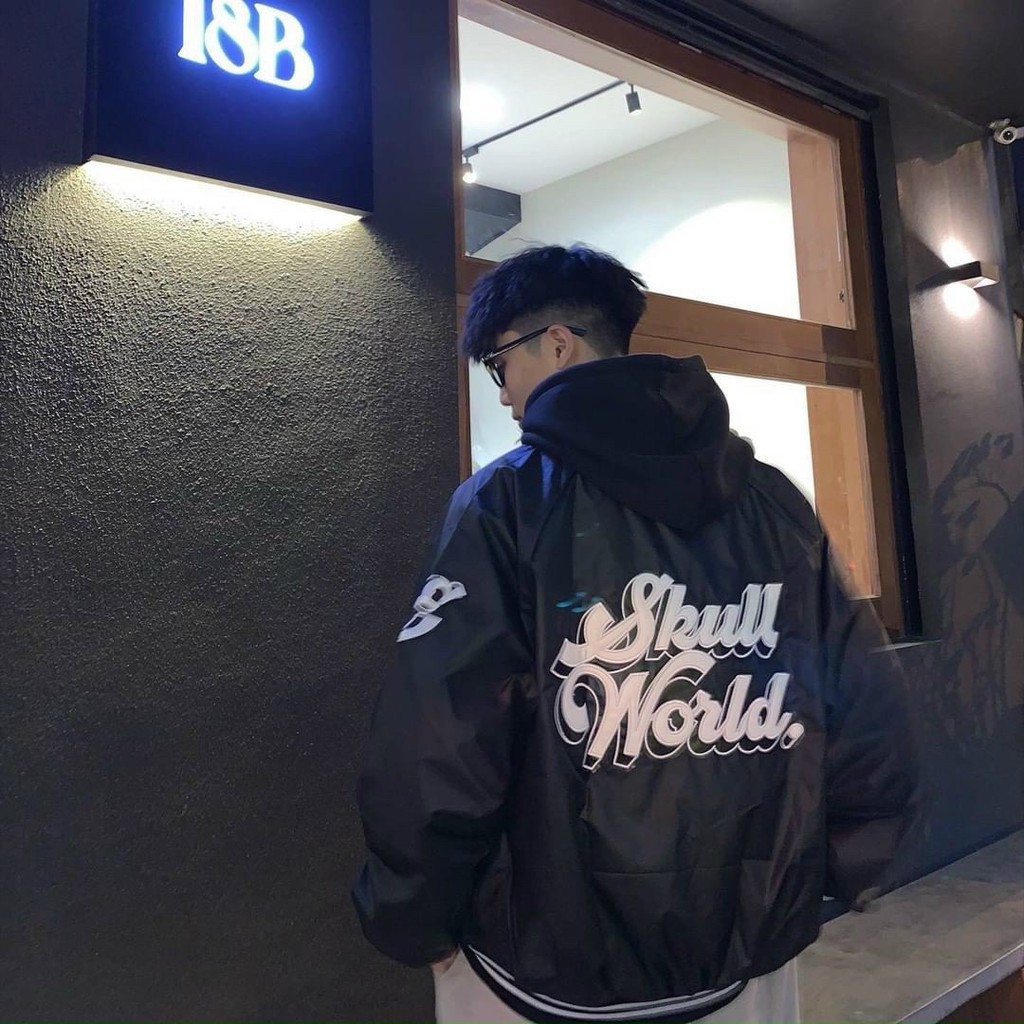 Áo Khoác Dù Bomber Skull World Nam Nữ Thiết Kế Viền Bo Chun Tay Cực Đẹp