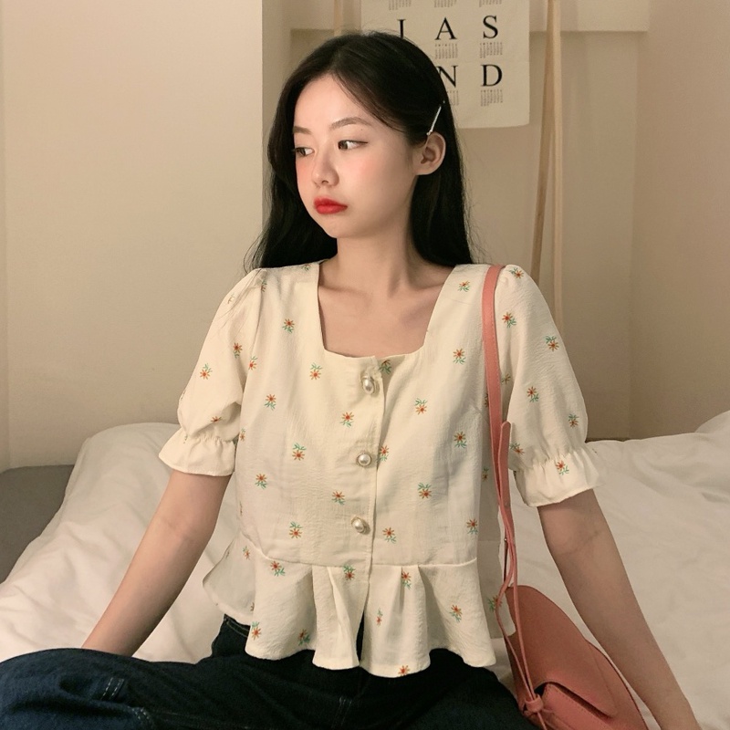 SUXI Áo Kiểu Tay Ngắn Cổ Vuông Họa Tiết Hoa Thời Trang Mùa Hè Cho Nữ