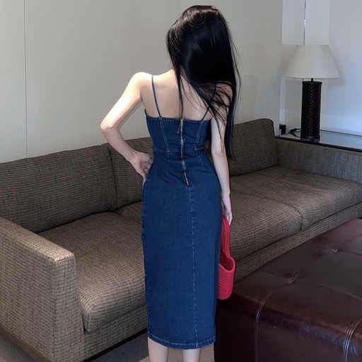 Đầm Denim Hai Dây Dáng Dài Xẻ Tà Màu Xanh Dương Phong Cách Retro Thời Trang Hàn Quốc Quyến Rũ Cho Nữ