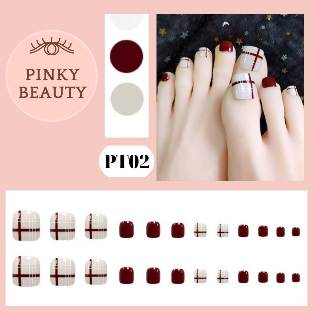 Bộ 24 Móng Chân Giả Kèm Keo Nhiều Màu Họa Tiết Đính Kèm, Nail Chân Thời Trang Cá Tính Cho Nữ Pinky Beauty