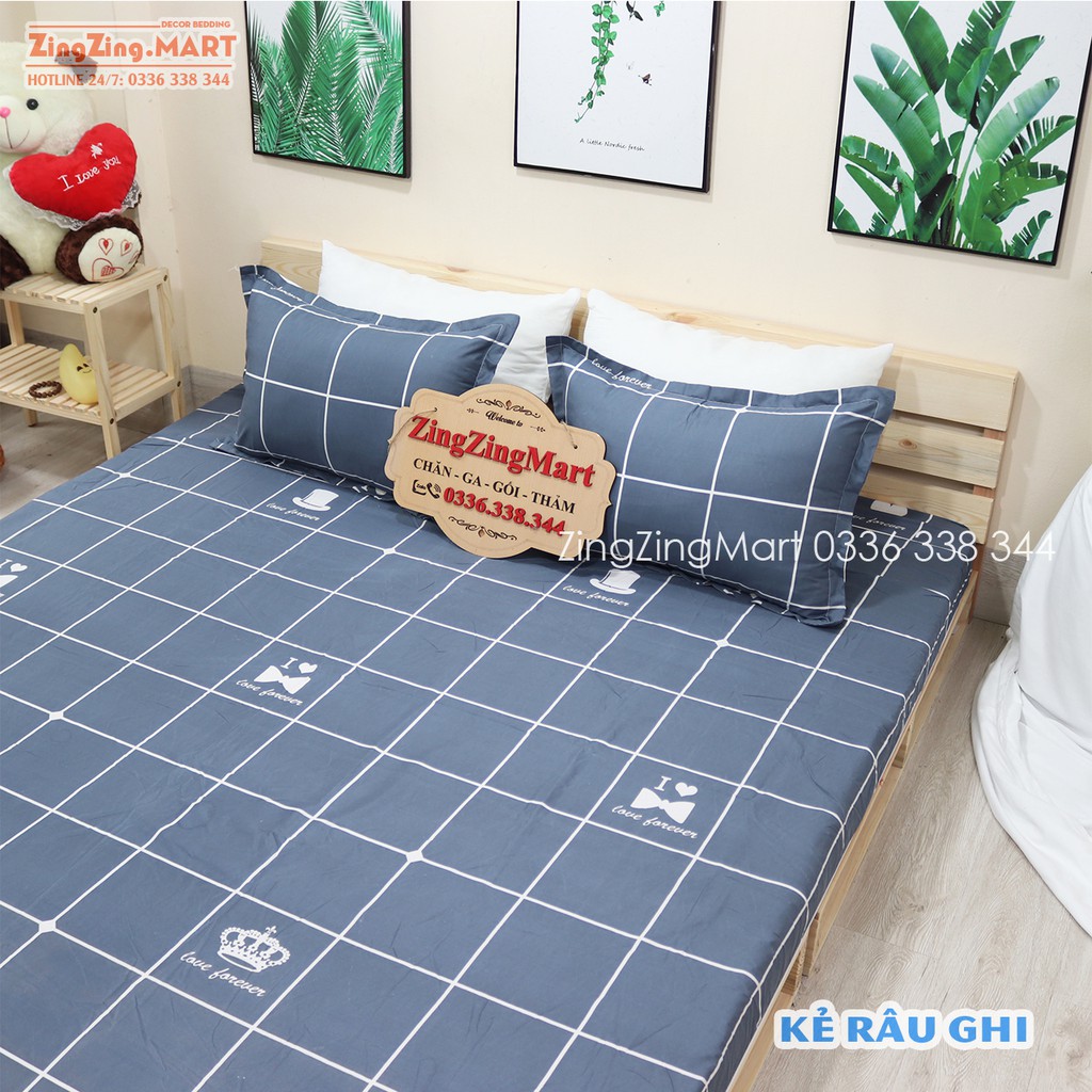 Bộ Ga Gối Poly Ga trải giường | Bộ Drap giường Kẻ Râu Ghi( 1 ga + 2 vỏ áo gối ) - ZingZingMart