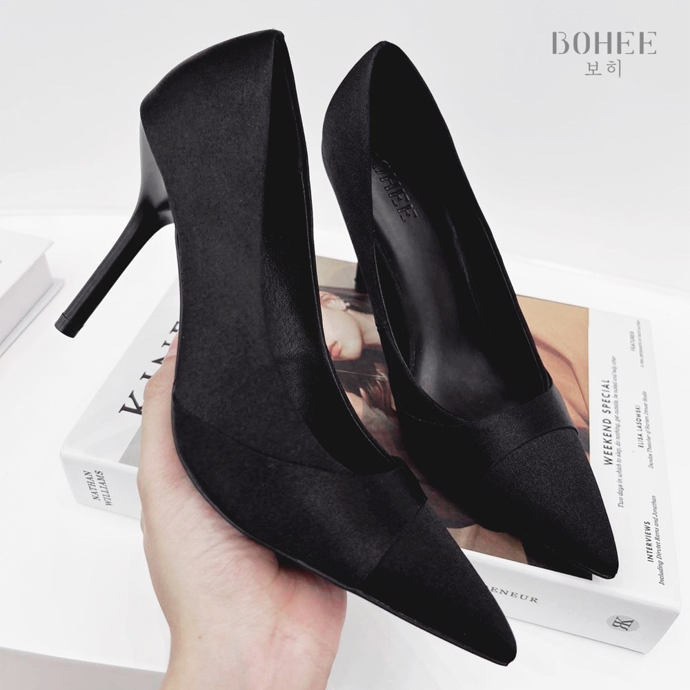 Giày cao gót nữ mũi nhọn Satin màu đen dáng siêu sang BOHEE GD28