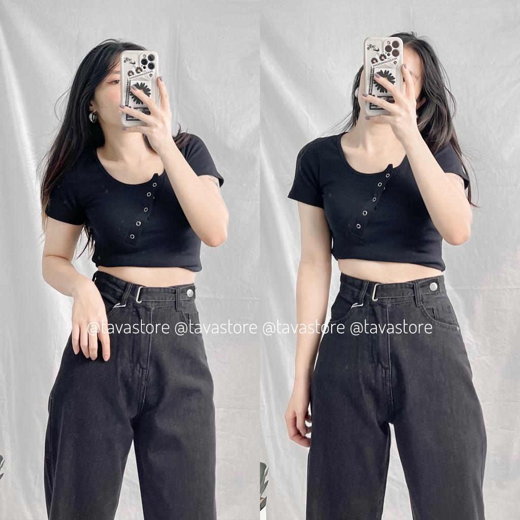 Áo croptop nút bấm lệch