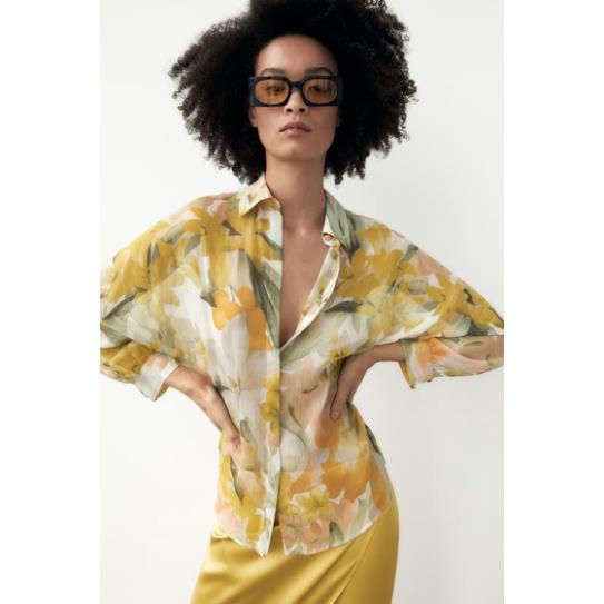 Áo Zara chemise hoa vàng và chân váy lụa vàng sang đẹp AVH4SMV40G10 Hot