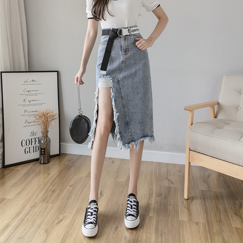Chân Váy Jeans Ghép Dài Qua Gối Cạp Cao Thời Trang Phong Cách Hàn Quốc