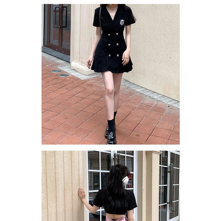 Plus Đầm Cổ Vest Tay Ngắn Thắt Nơ Eo Thiết Kế Xếp Ly Thời Trang Mùa Hè Cho Nữ 200 Jin