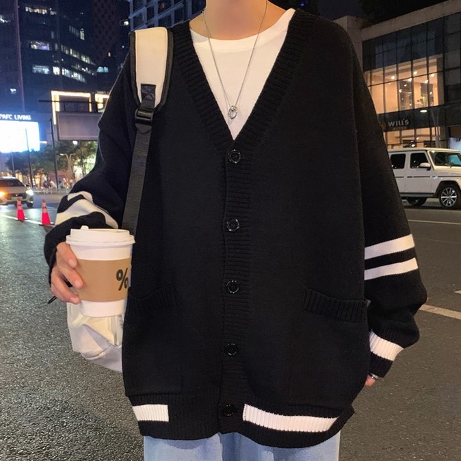 Áo Cardigan nam áo khoác ngoài chất liệu len dày dặn sang trọng áo khoác cardigan nam nữ unisex tay dài cổ V tay kẻ sọc