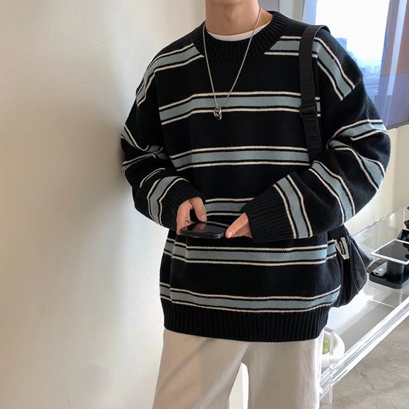 Áo Sweater Dệt Kim Cổ Tròn Tay Dài Dáng Rộng Kẻ Sọc Kiểu Hàn Quốc Thời Trang Thu Đông Cho Nam