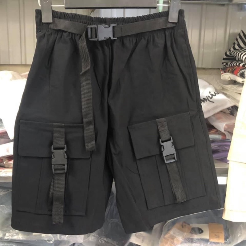 Quần short nam nữ kaki túi hộp mix chain phong cách unisex