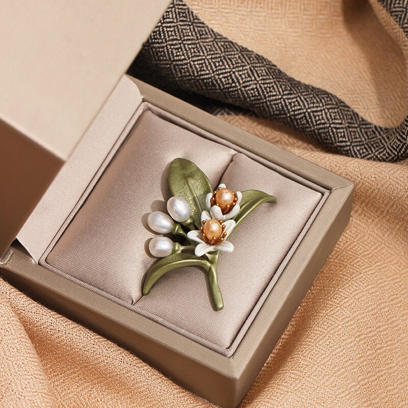 Trâm Cài Áo Hình Cây Xanh Đính Ngọc Trai Tráng Men Màu Sắc Ngọt Ngào Kiểu Vintage Thời Trang Cho Nữ