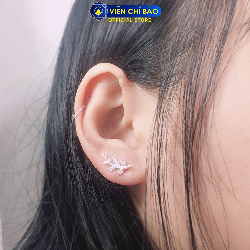 Bông tai bạc nữ cành lá kẹp vành nạm đá chất liệu bạc 925 thời trang phụ kiện trang sức Viễn Chí Bảo B400246