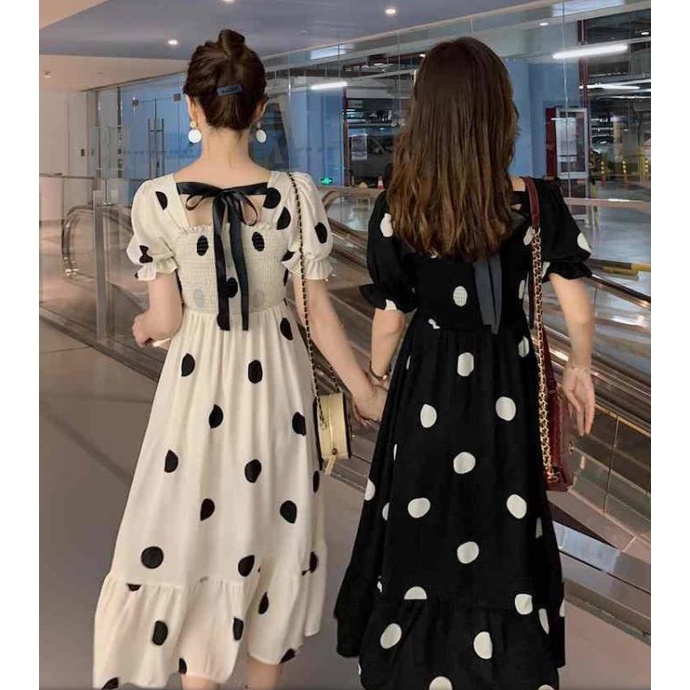 Đầm Cổ Vuông Tay Phồng Chấm Bi Voan Dáng Dài Phong Cách Ngọt Ngào Và Dễ Thương Váy Nữ