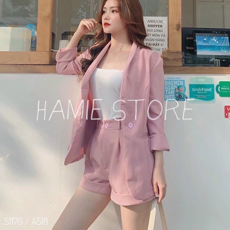 Set bộ nữ áo vest blazer dài tay kết hợp quần sooc cạp cao ống rộng HSG123, Set vest nữ 1 lớp thoáng mát 3 chi tiết