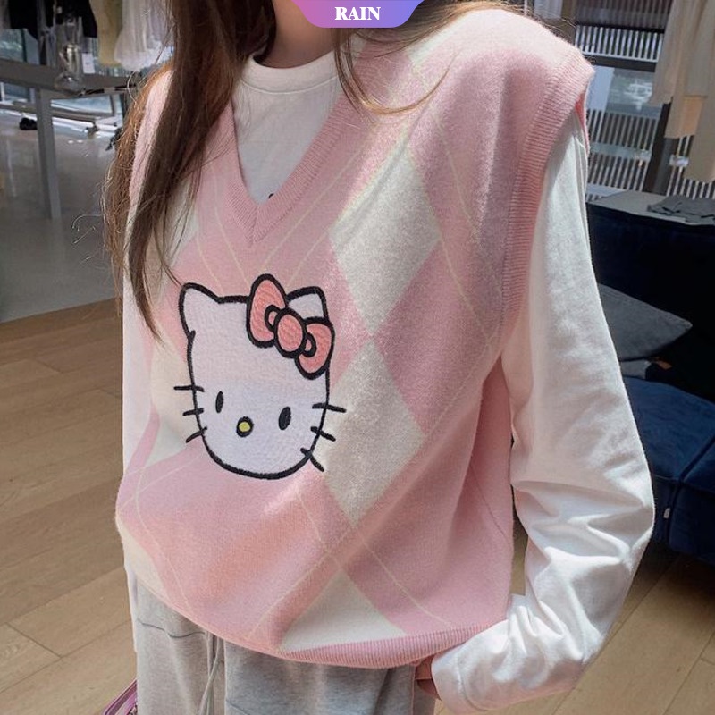 Anime Sanrio Áo Ghi Lê Dệt Kim Ấm Áp Phối Màu Tương Phản Hình Mèo Hello Kitty Phong Cách Trường Học Trẻ Trung Cho Nữ [Srain]