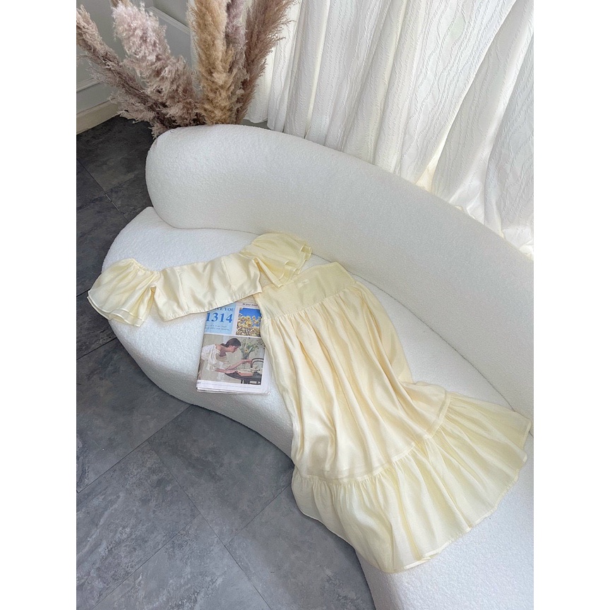 Set áo trễ vai croptop chun lưng mix chân váy nửa cạp chỉ chun chất tơ 2 lớp áo kèm cúp ngực.Ảnh chụp hàng thật
