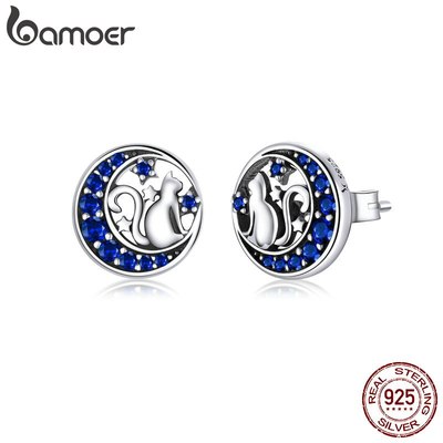 Bông Tai Bamoer Bằng Bạc 925 Hình Mèo Ngồi Trên Mặt Trăng Cho Nữ