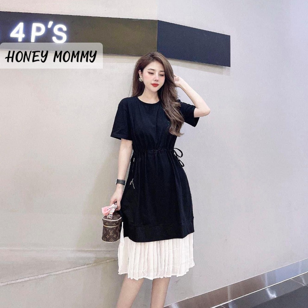 Váy Bầu Mùa Hè Cộc Tay Chất Thun Cotton Dây Rút Eo Phối Chân Váy Trắng HD2632 Honey Mommy Đầm Bầu Công Sở Đi Làm Đi Chơi