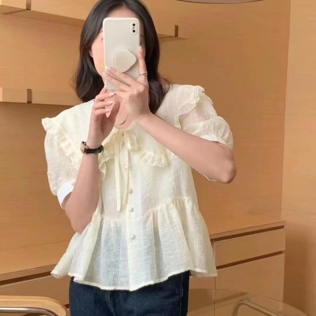 Áo Kiểu Tay Phồng Ngắn Cổ Bèo Phong Cách Pháp Thời Trang Mùa Hè Xinh Xắn Cho Nữ