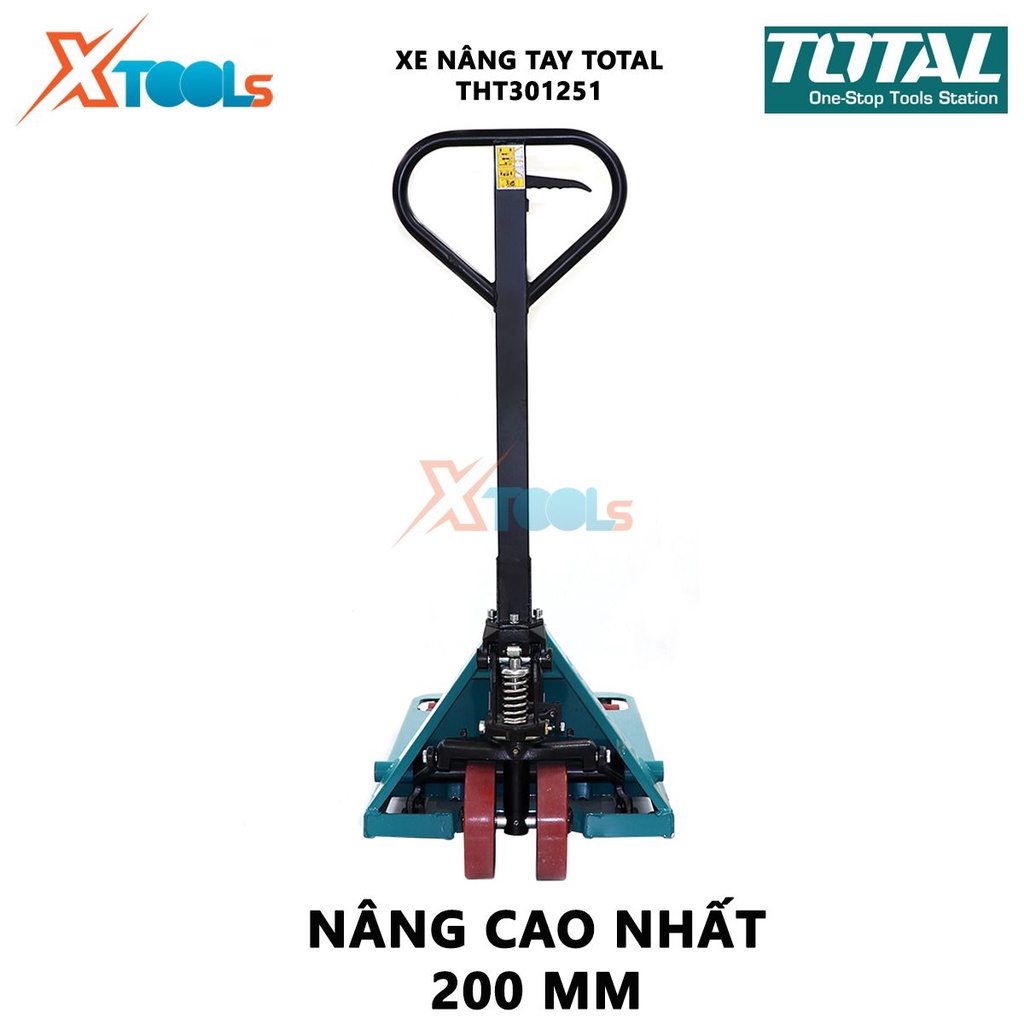 Xe nâng tay TOTAL THT301251 Xe nâng kéo hàng Tải trọng 2.5 tấn Nâng thấp nhất 85 mm Nâng cao nhất 200 mm Kích thước bánh
