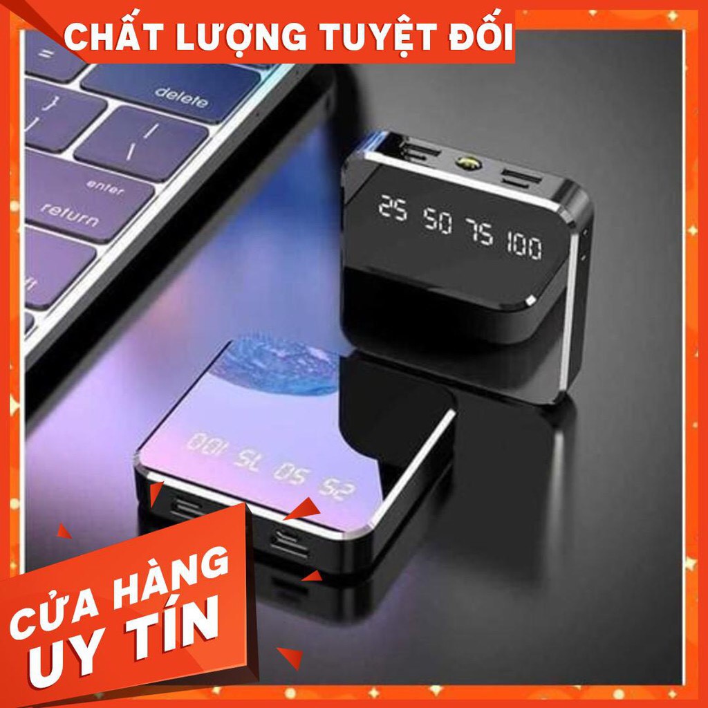 Pin Sạc Dự Phòng mini Siêu Mỏng Mặt Kính Nhỏ Gọn Power Bank 20000mAh_ Đèn Led Chữ số, Cổng Đầu Ra USB
