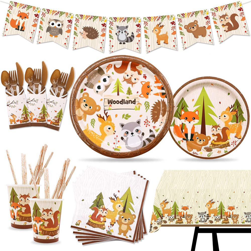 Children Cartoon Animal Birthday Party Decoration Zoo Fox Bear Banner Disposable Tableware Party Decorations