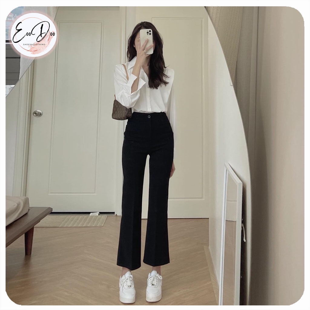 Quần Tây Quần Âu Nữ Loe Nhẹ Dáng Suông Ngắn Cạp Cao Basic 1 Khuy Hàn Quốc Thời Trang EOODOO QNU 001A1
