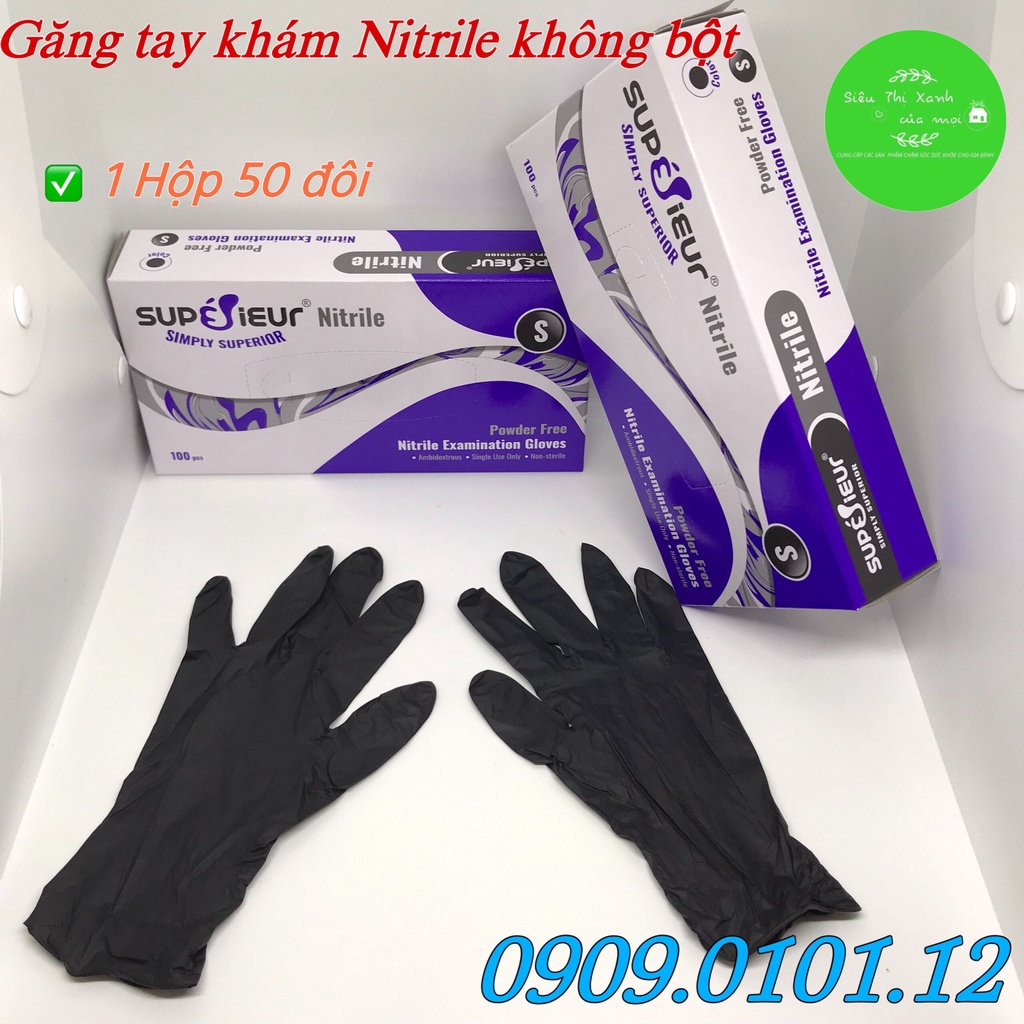 Găng tay y tế không bột nitrile chính hãng Vglove - Superieur (hộp 100 cái), bao tay y tế đen, găng tay đen đa năng