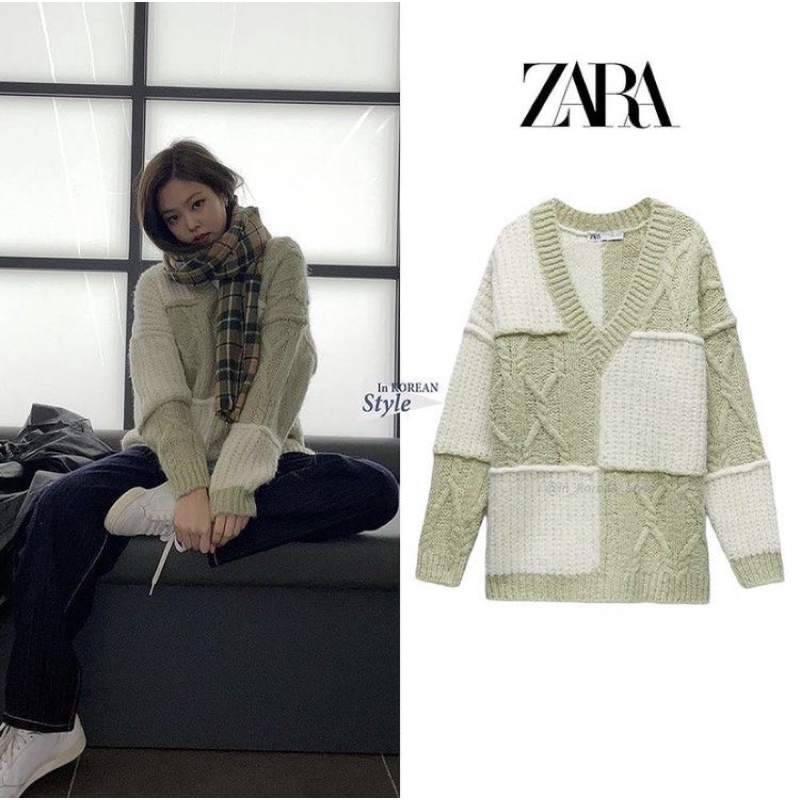 Áo len kẻ ô vuông xanh trắng ZARA giống Jennie BLACKPINK