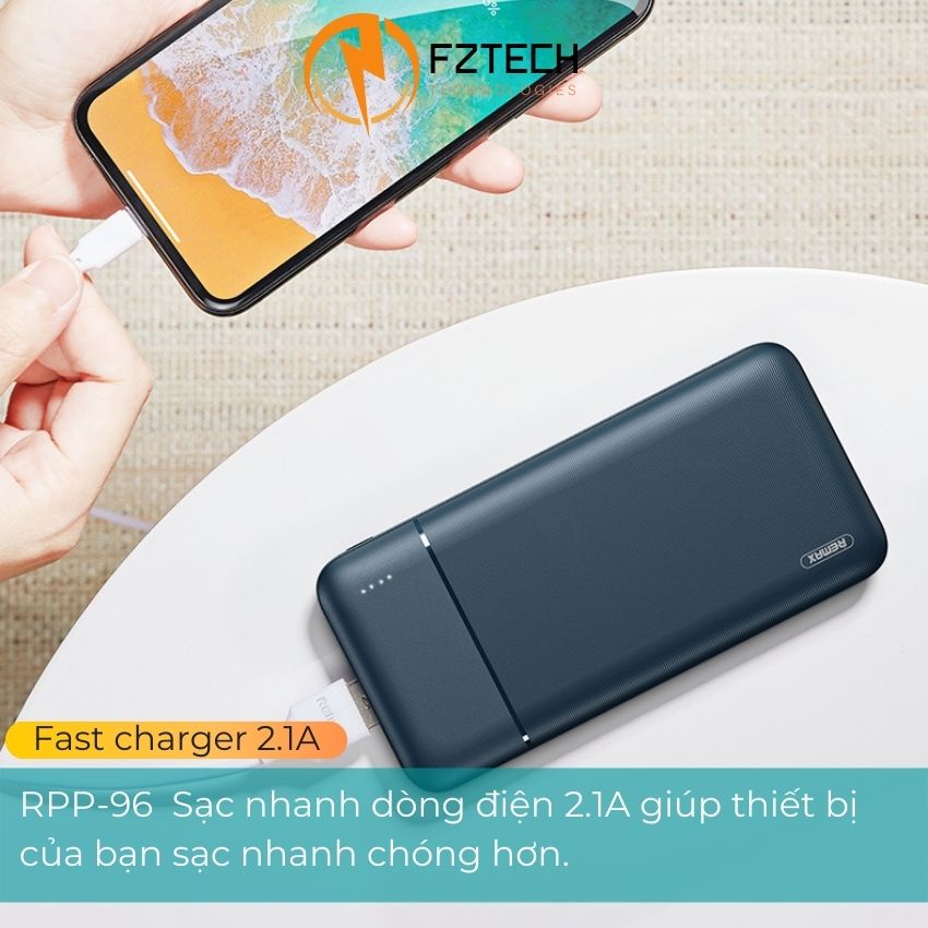 Sạc dự phòng 10000mah Remax RPP-96 FZTECH Pin dự phòng 2 Cổng ra USB sạc nhanh 2.1A dùng cho iPhone, Samsung, Android…