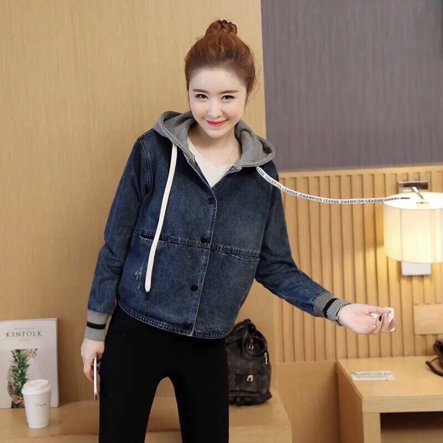 ÁO KHOÁC JEAN NÓN TAY BO THUN THỜI TRANG NỮ HÀNG LOẠI 1, ÁO KHOÁC NỮ TAY DÀI CÓ NÓN SIZE M L