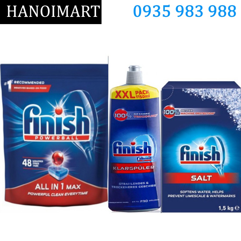 Combo 48 Viên rửa bát Finish all in 1 + Muối Finish 1.5kg + Nước làm bóng finish 1150ml