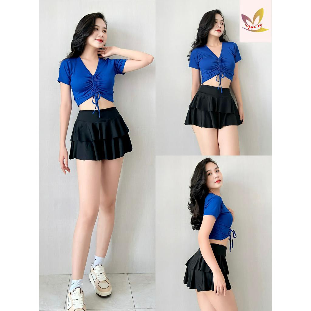 Set chân váy áo rút dây cao cấp dạng thể thao năng động đi bơi, tập Gym Yoga, chạy bộ Aerobic