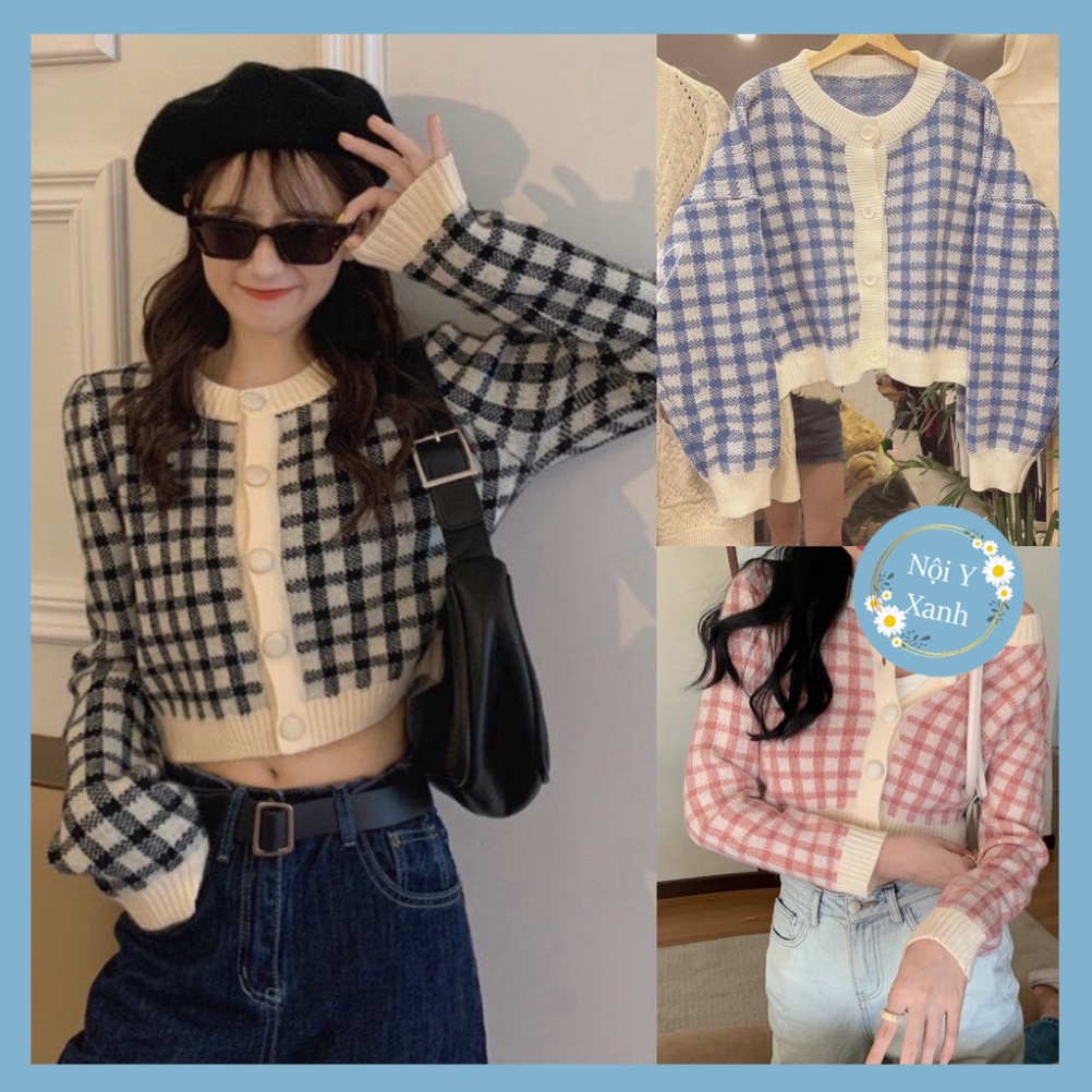 áo khoác len cardigan croptop hình họa caro phong thái korea hottrend A144 noiyxanh hot trend, phom đẹp, chất đẹp