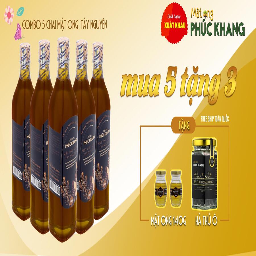 Mật ong rừng Tây Nguyên Phúc Khang 720G -Combo 5 chai-  Thu hoạch tự nhiên - Đạt chuẩn xuất khẩu - Không nhiễm hóa chất