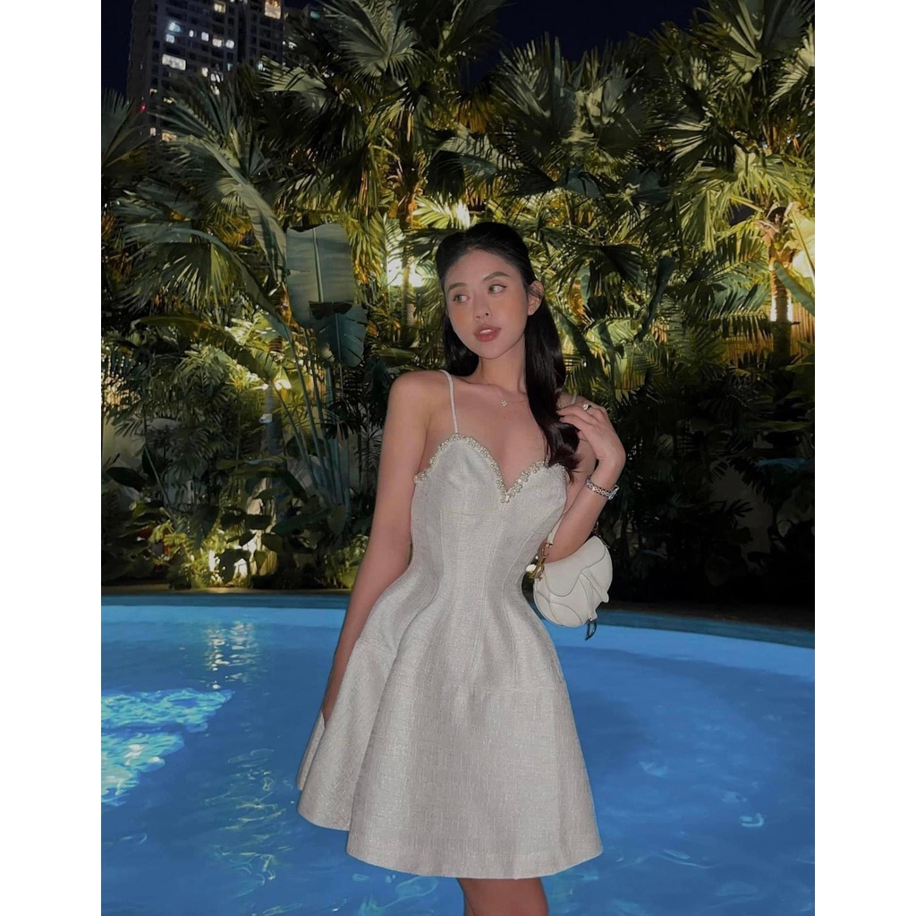 LINH CAVALI - Váy tweed 2 dây kết ngọc 3 màu.