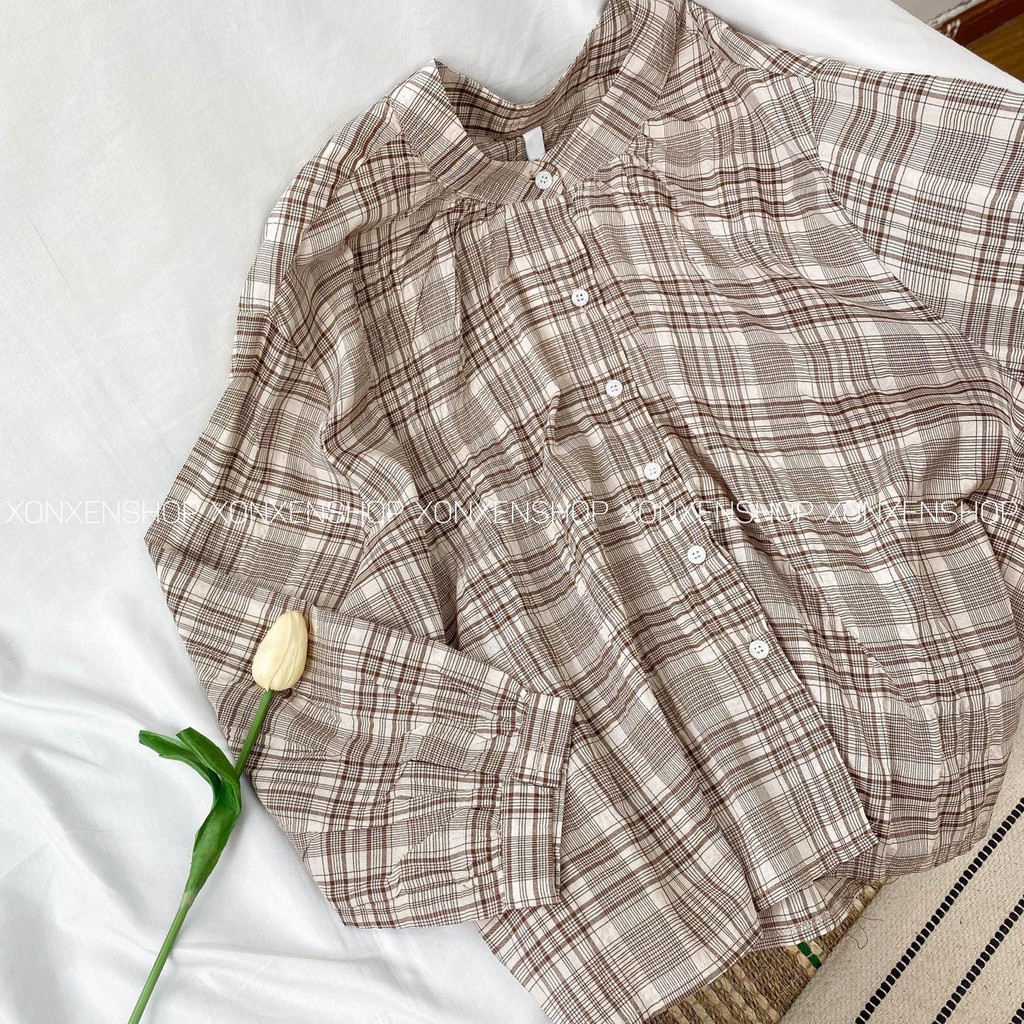 Áo kiểu caro cổ đứng Xonxen shop chất vải mềm mịn free size, mã 034