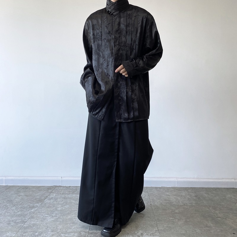 Áo Sơ Mi Vải Jacquard Satin Cao Cấp Tay Dài Cổ Cao Xếp Ly Cài Nút Ngọc Trai Tùy Chỉnh Thiết Kế Thời Trang Mùa Thu Cho Nam