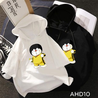 Áo thun teen nam nữ hoodie tay lỡ có nón hình doraemon ly tieu long