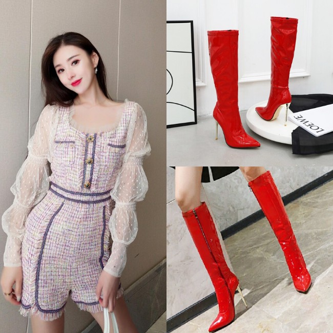 Giày boot gót nhọn cổ lửng da bóng màu đỏ GBCL-01R3