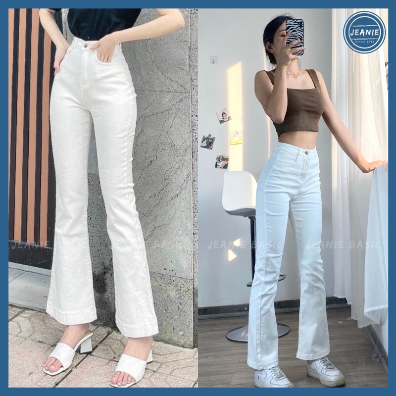 Quần jeans ống loe trắng phong cách Âu Mỹ, quần bò ống loe cạp cao