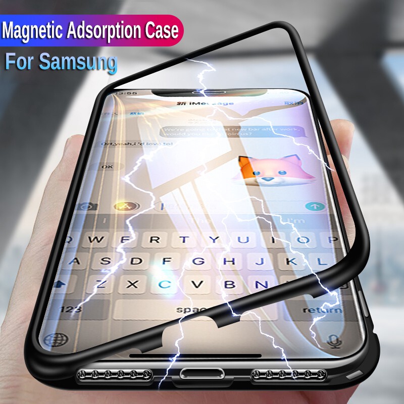Ốp điện thoại mặt kính cường lực viền kim loại từ tính cho Samsung Galaxy S7 S8 S9 Plus Note8 Note9