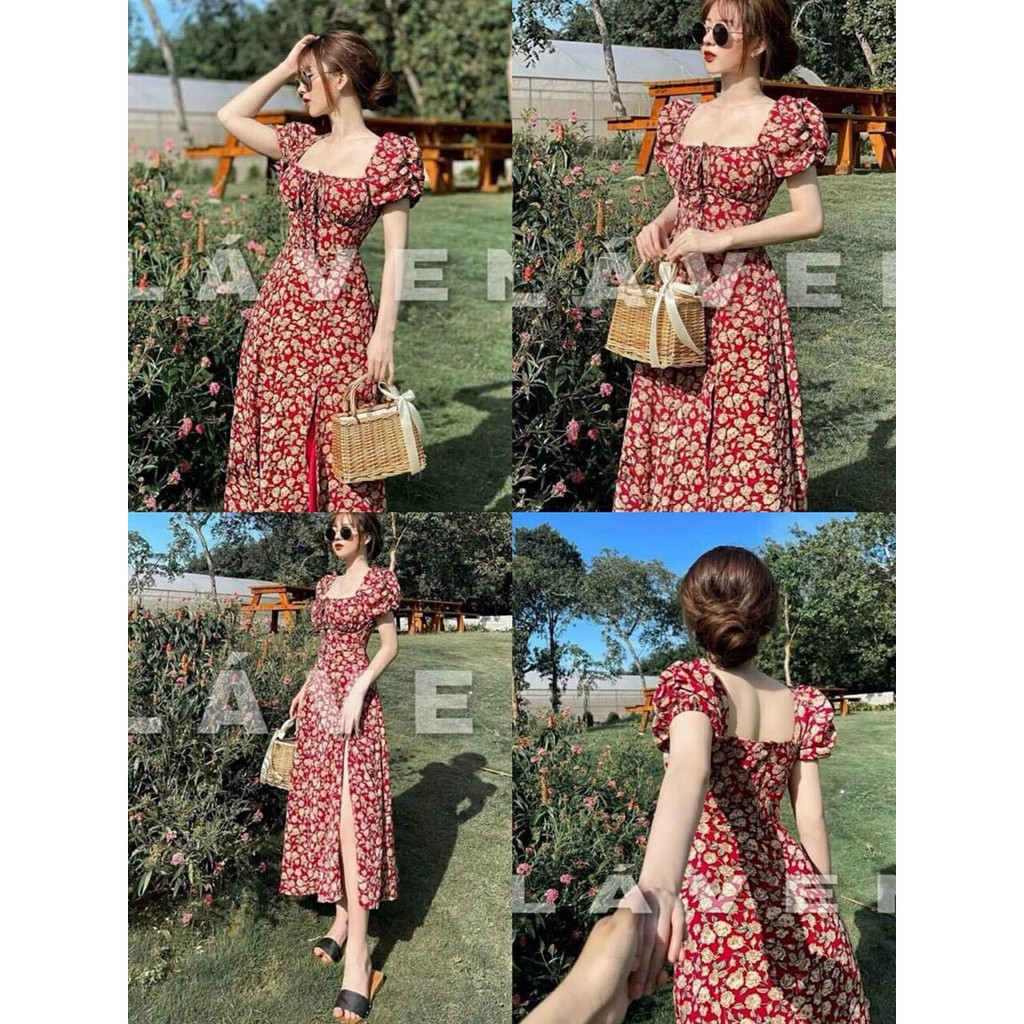 Đầm xòe lụa hoa nhún ngực xẻ tà có mút ngực Rose Fashion