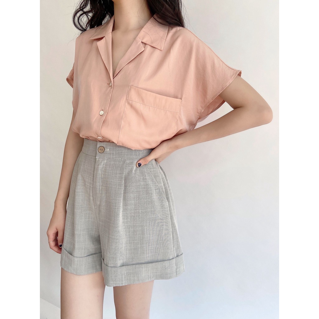 Áo sơ mi cổ 2 ve ngắn tay tay cánh dơi trơn màu basic MADELEN
