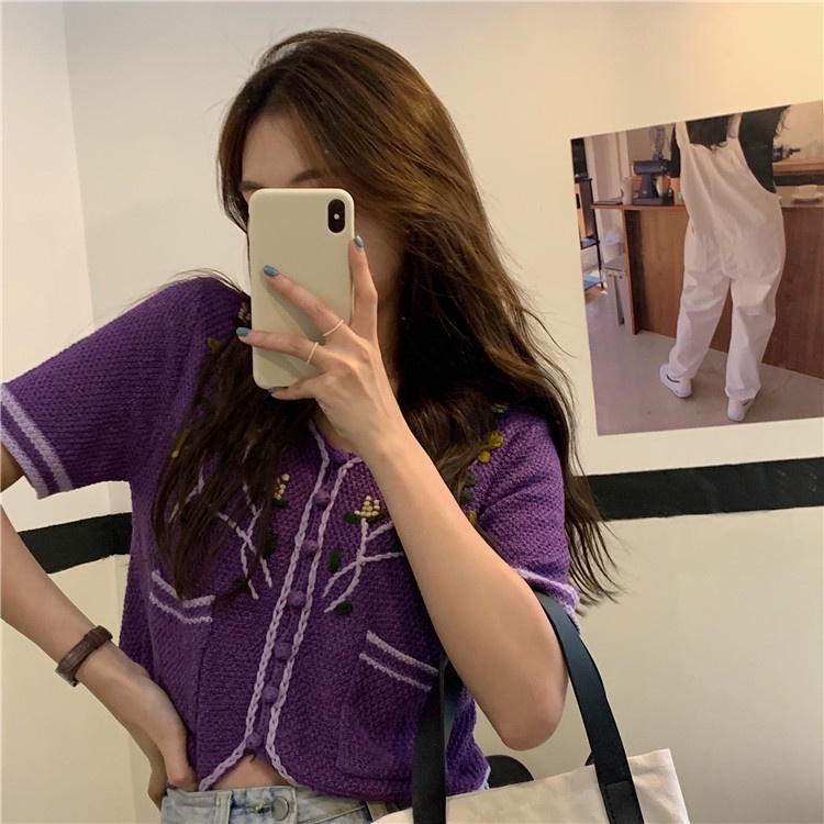 SUXI Áo Croptop Dệt Kim Tay Ngắn Cổ Chữ V Thêu Họa Tiết Thời Trang Mùa Hè Phong Cách Hàn Quốc