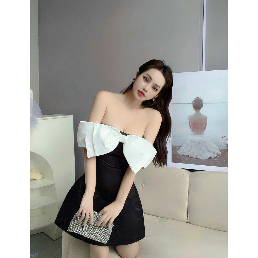 đầm tapa chữ A kiểu bệt vai nơ hot hit