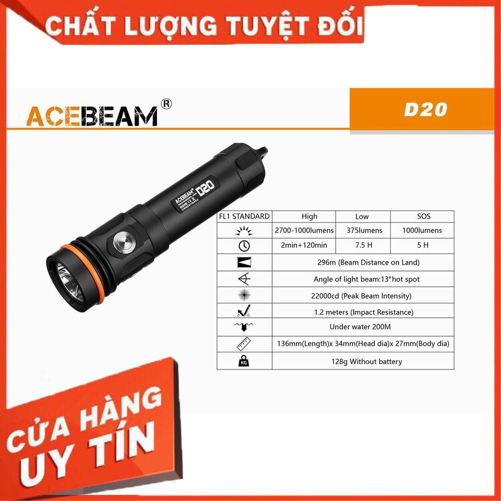 [BH 5 NĂM] ACEBEAM D20 - Đèn pin lặn độ sáng 2700lm chiếu xa 296m pin 21700 5000mAh (kèm theo) chịu độ sâu 200m