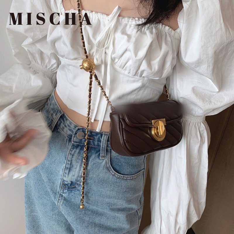 MISCHA Túi Đeo Chéo mini Bằng Da PU Màu Trơn Phong Cách retro Thời Trang