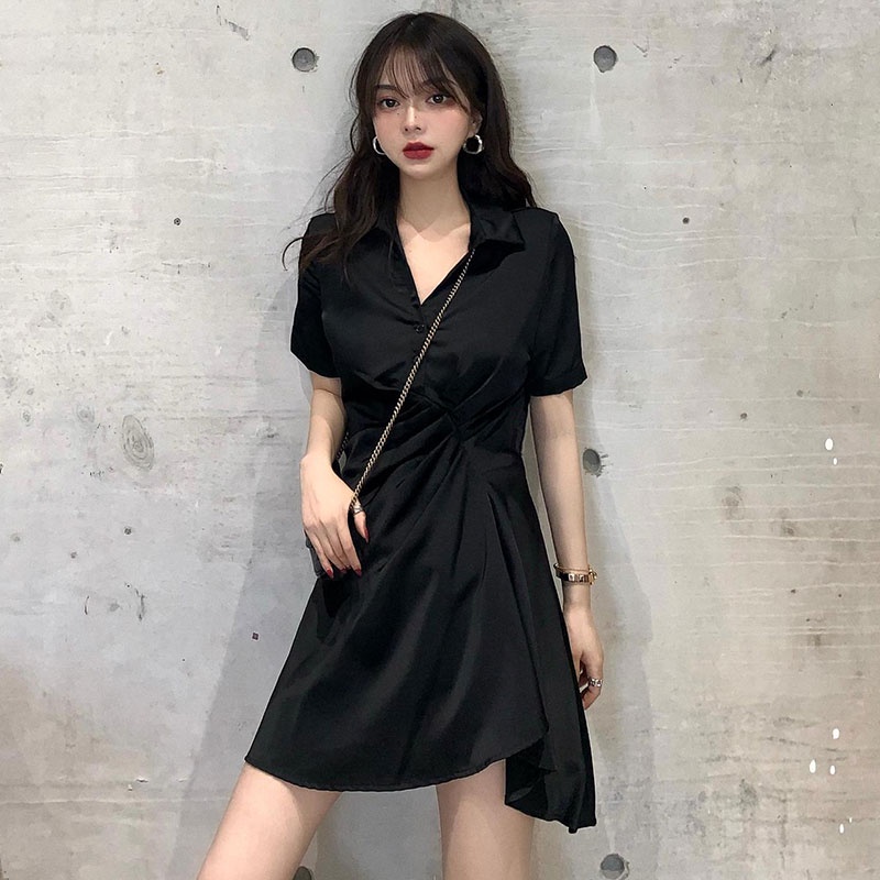 Đầm XINLANYASHE ôm cổ chữ v tay ngắn màu đen quyến rũ thời trang cho nữ