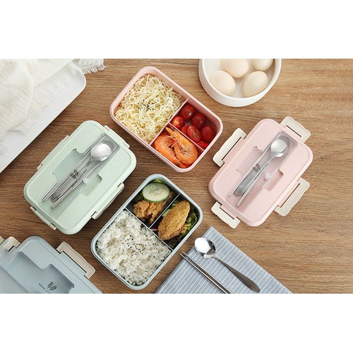 Hộp đựng Cơm Lúa Mạch 3 Ngăn,Tặng kèm thìa và đũa Inox. Mẫu 2021.ĐTBX